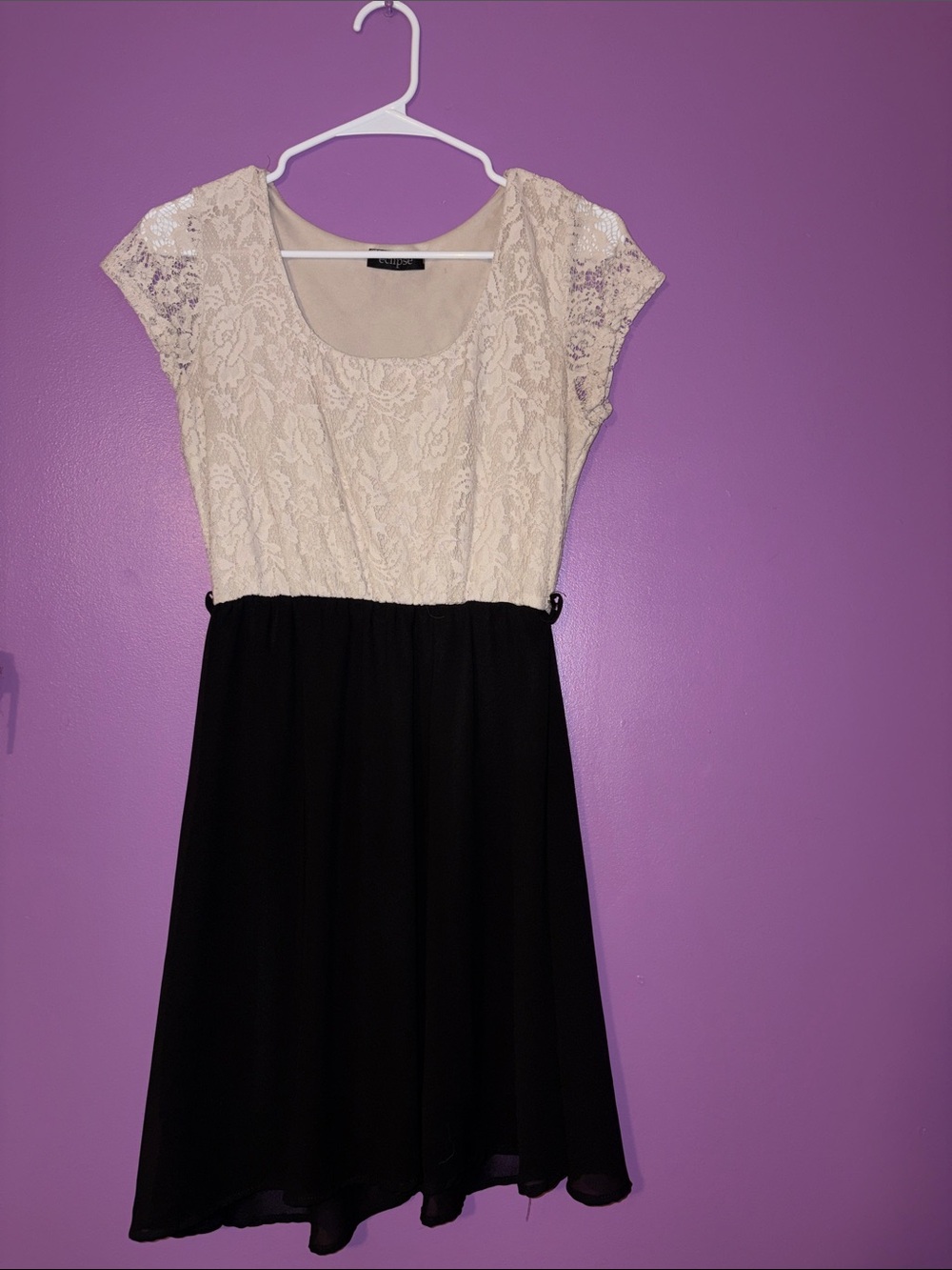 Ivory Lace & Black Skirt Short Sleeve Dress